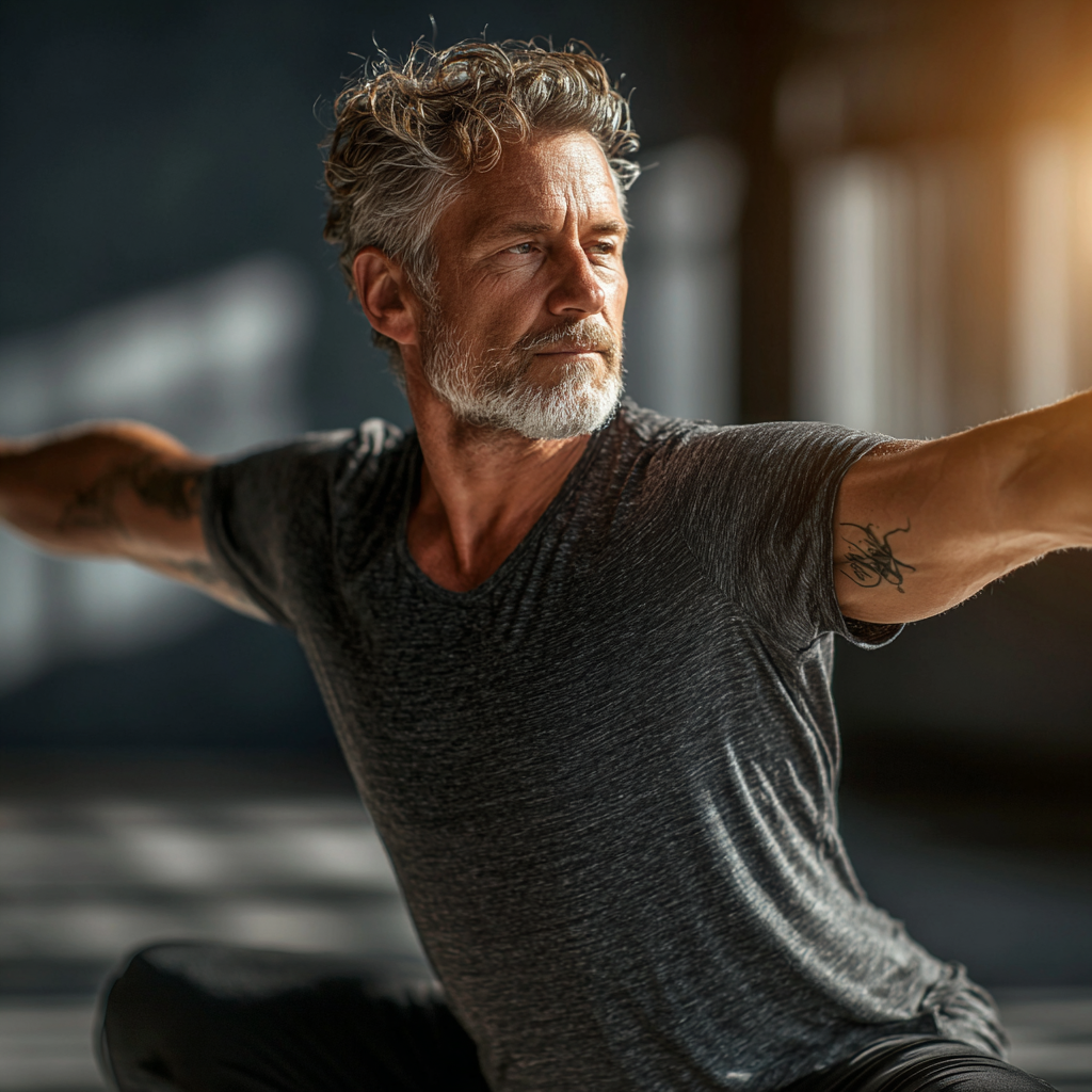 Confident man in his fifties practicing warrior pose in bright yoga studio showing strength and balance with natural lighting
