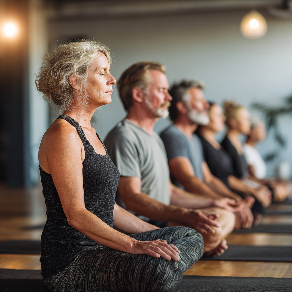 Group of adults in their forties and fifties sitting in meditation circle on yoga mats in peaceful studio with natural lighting